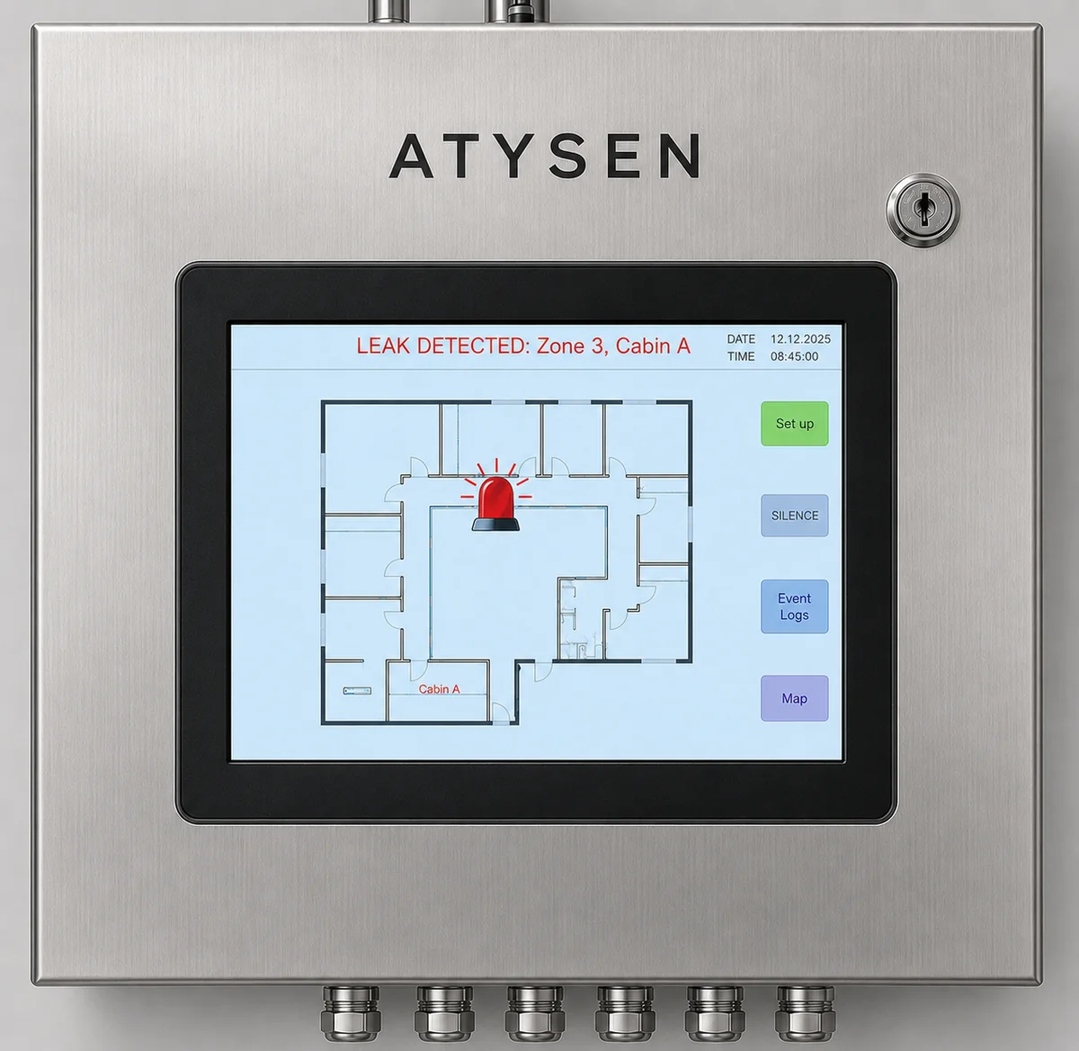 ATYSEN Intelli Panel digital leak detection panel showing a leak alert on the zone map