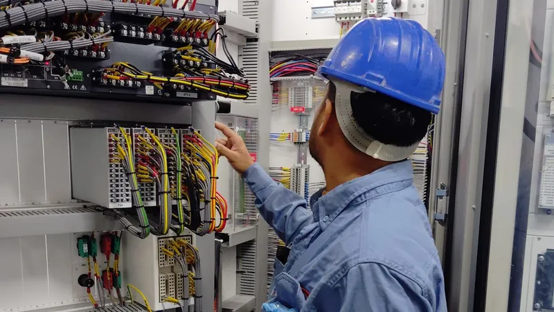 Technician in a hard hat checking wiring inside a control cabinet